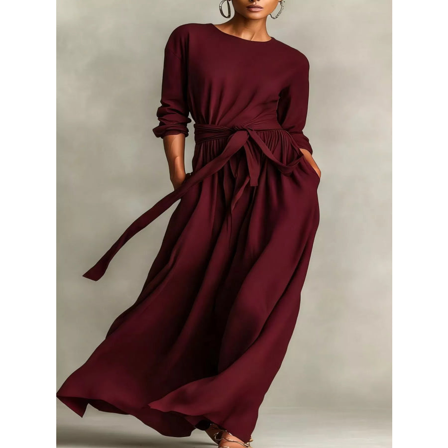 Full Size Long Sleeve Tie Waist Maxi Dress Plus Size Burgundy / S Apparel and Accessories
