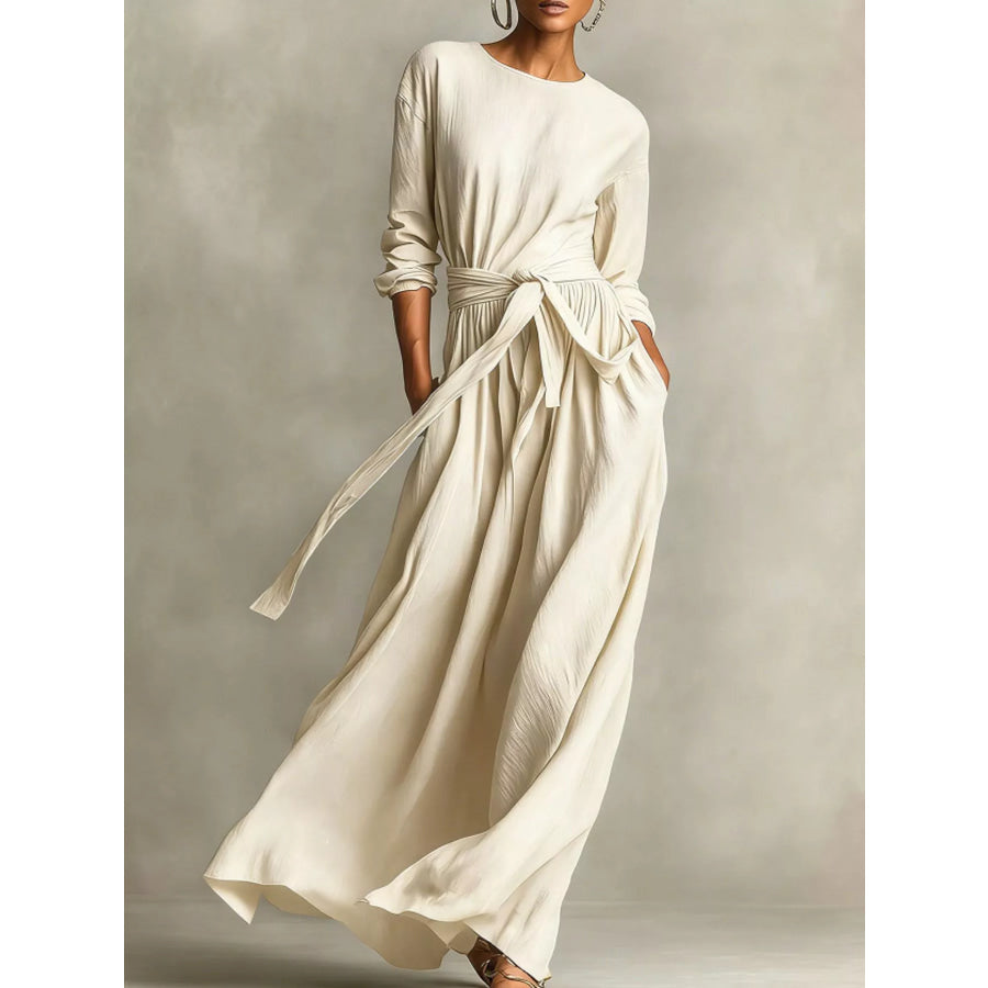 Full Size Long Sleeve Tie Waist Maxi Dress Plus Size Ivory / S Apparel and Accessories