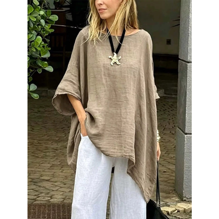 Full Size Loose Fit Asymmetrical Hem Top Plus Size Khaki / S Apparel and Accessories