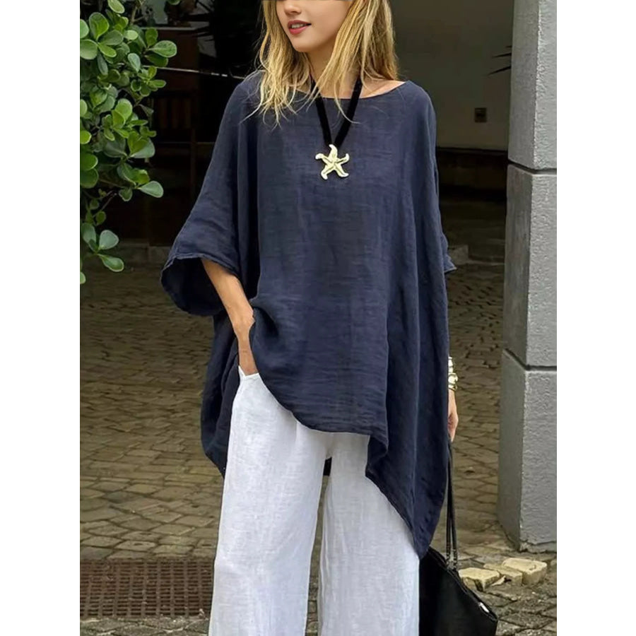 Full Size Loose Fit Asymmetrical Hem Top Plus Size Navy Blue / S Apparel and Accessories