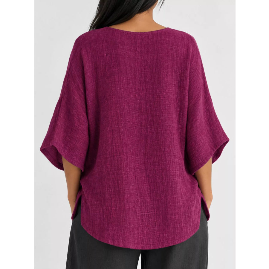 Full Size Loose Fit Linen Blend Blouse Plus Apparel and Accessories