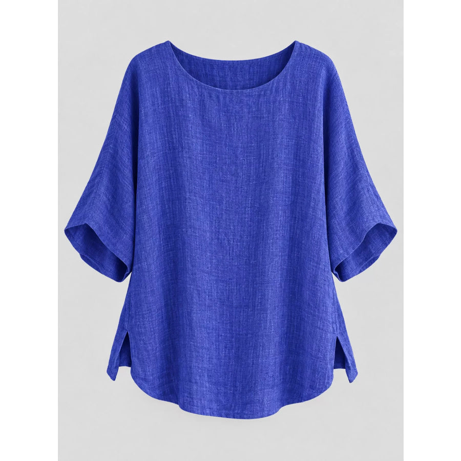 Full Size Loose Fit Linen Blend Blouse Plus Apparel and Accessories