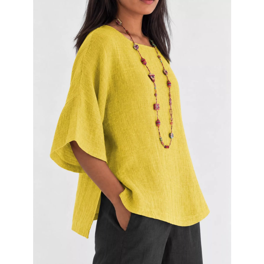 Full Size Loose Fit Linen Blend Blouse Plus Apparel and Accessories