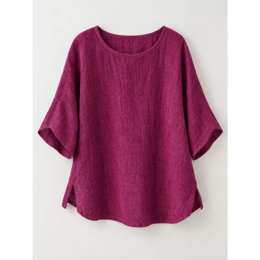 Full Size Loose Fit Linen Blend Blouse Plus Apparel and Accessories