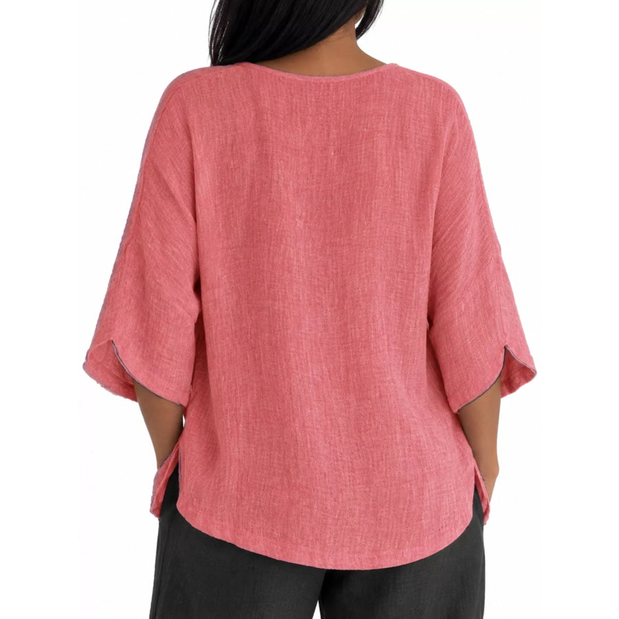 Full Size Loose Fit Linen Blend Blouse Plus Apparel and Accessories