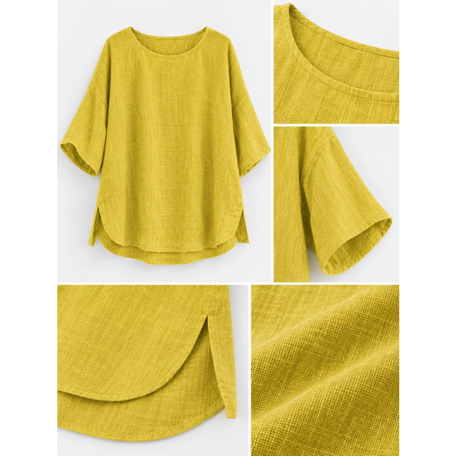 Full Size Loose Fit Linen Blend Blouse Plus Apparel and Accessories