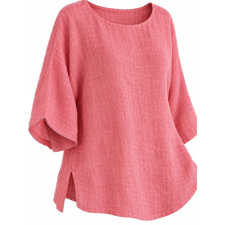 Full Size Loose Fit Linen Blend Blouse Plus Apparel and Accessories