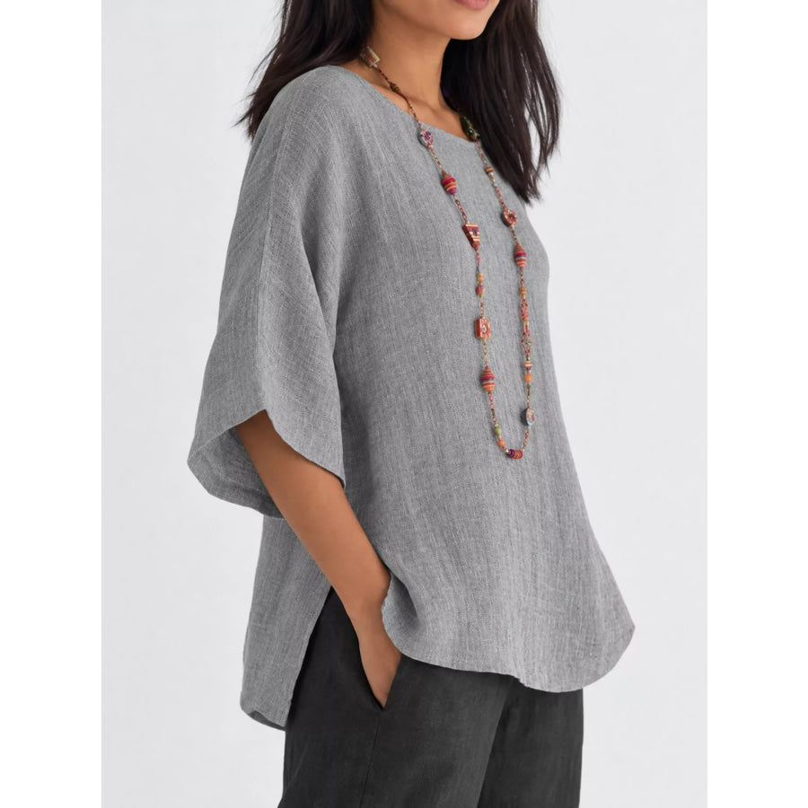 Full Size Loose Fit Linen Blend Blouse Plus Apparel and Accessories