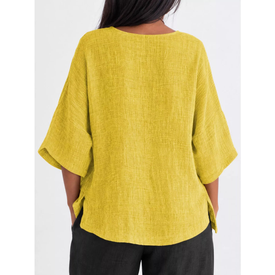 Full Size Loose Fit Linen Blend Blouse Plus Apparel and Accessories