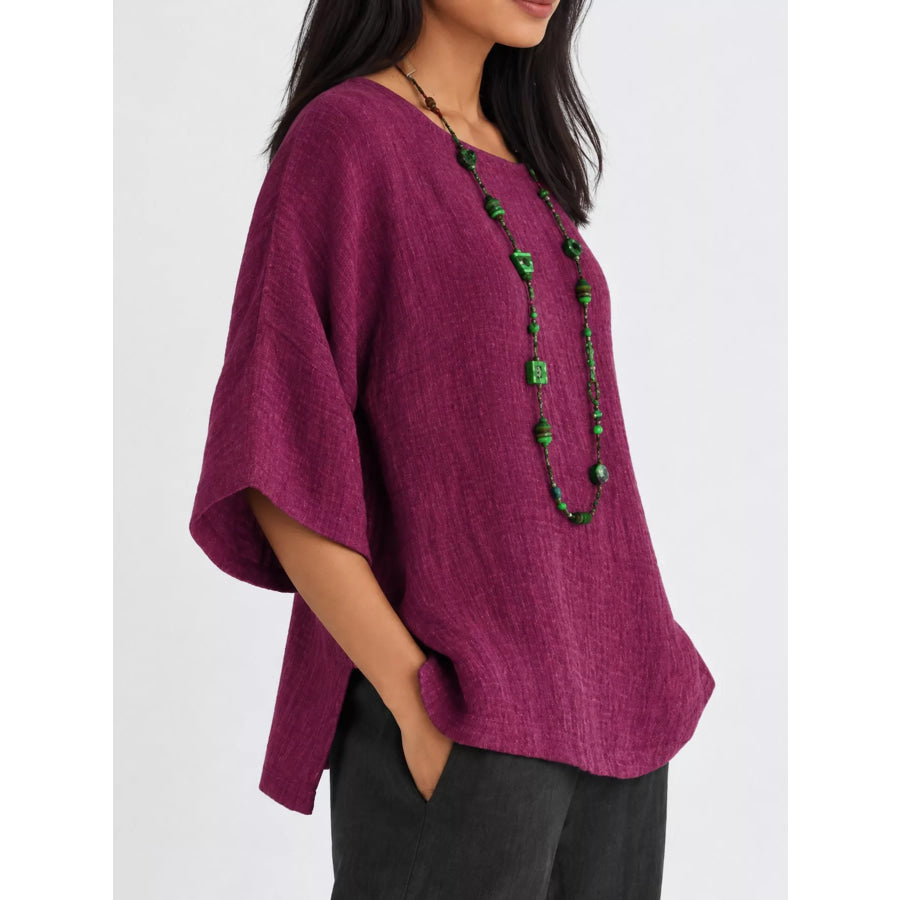 Full Size Loose Fit Linen Blend Blouse Plus Apparel and Accessories
