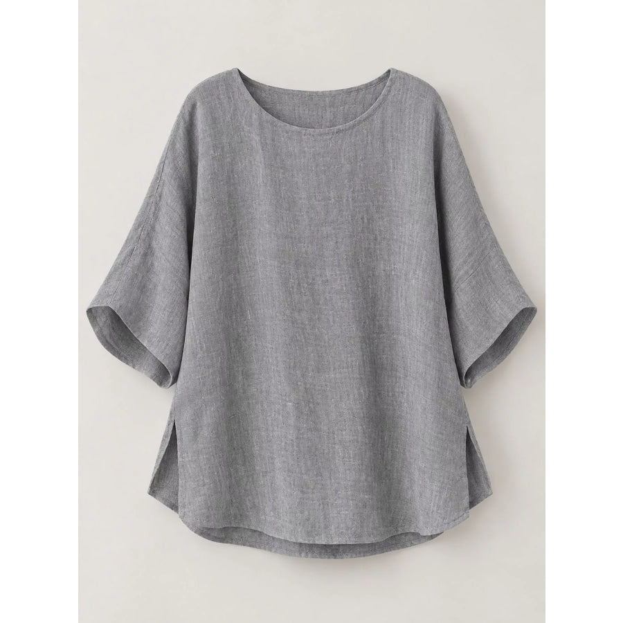Full Size Loose Fit Linen Blend Blouse Plus Apparel and Accessories