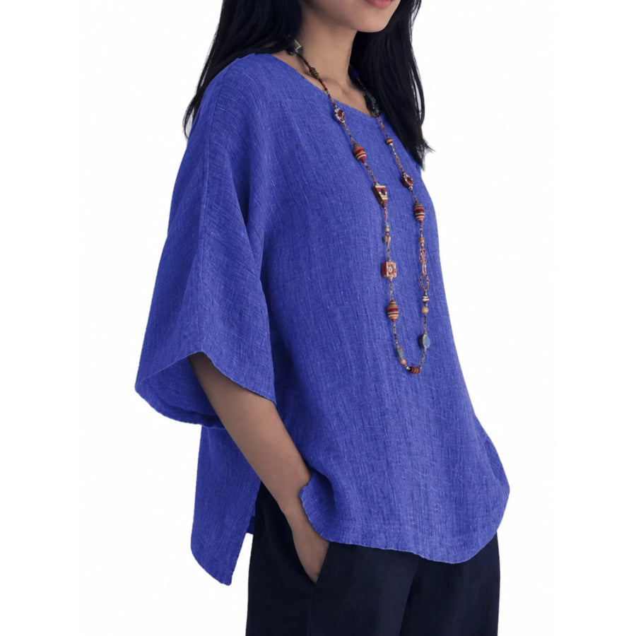 Full Size Loose Fit Linen Blend Blouse Plus Apparel and Accessories