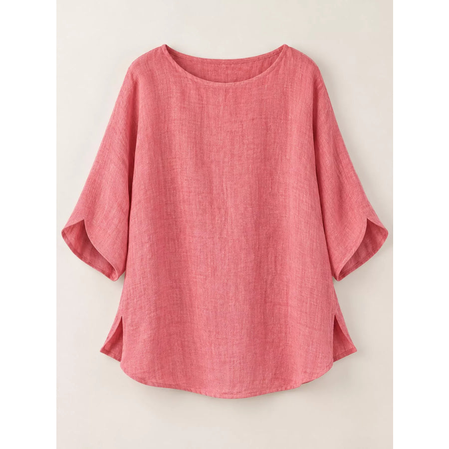 Full Size Loose Fit Linen Blend Blouse Plus Apparel and Accessories