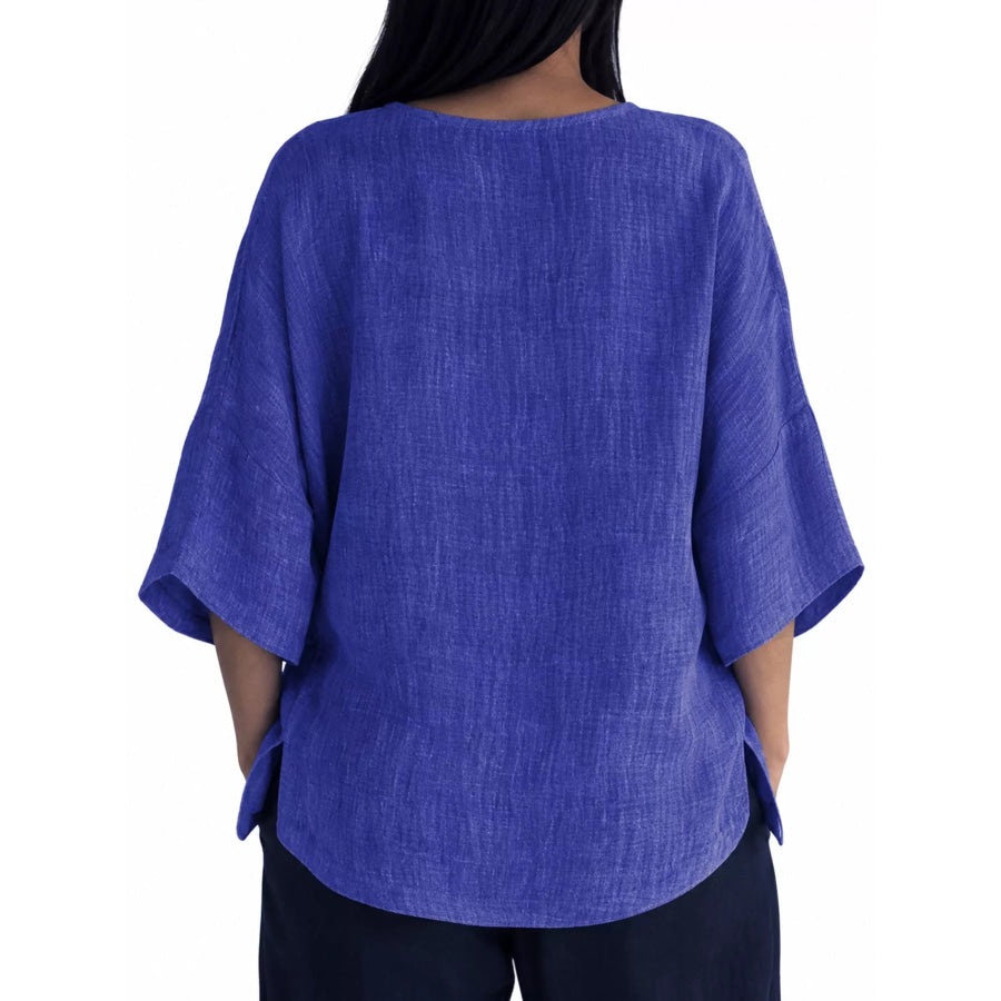 Full Size Loose Fit Linen Blend Blouse Plus Apparel and Accessories