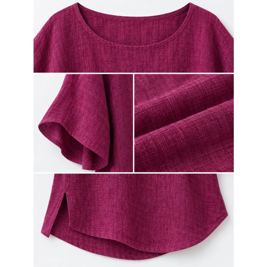 Full Size Loose Fit Linen Blend Blouse Plus Apparel and Accessories
