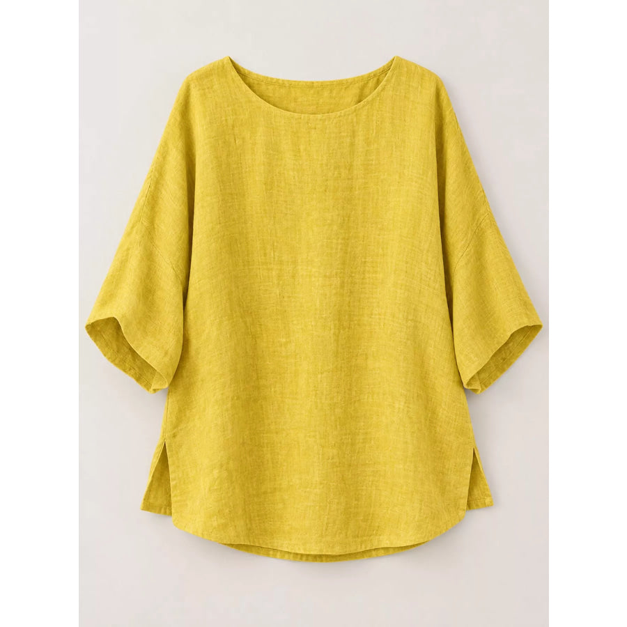 Full Size Loose Fit Linen Blend Blouse Plus Apparel and Accessories