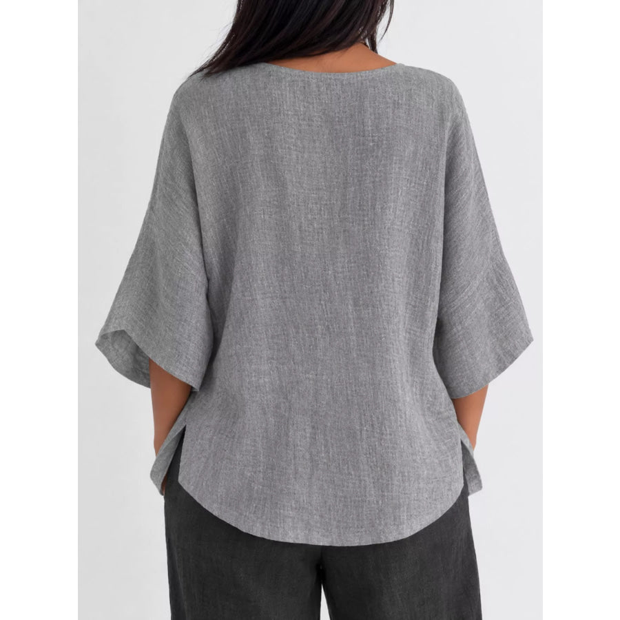 Full Size Loose Fit Linen Blend Blouse Plus Apparel and Accessories