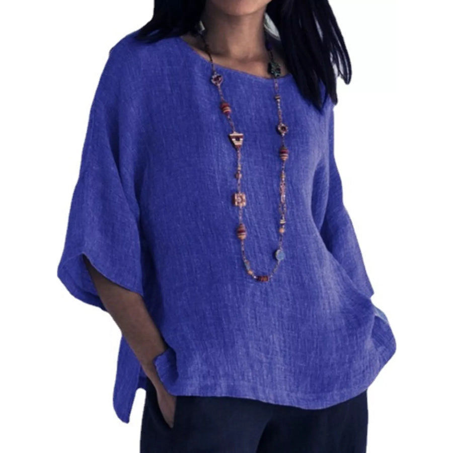 Full Size Loose Fit Linen Blend Blouse Plus Blue / S Apparel and Accessories