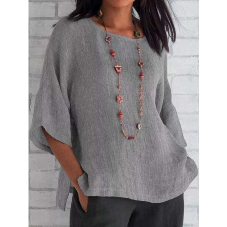 Full Size Loose Fit Linen Blend Blouse Plus Gray / S Apparel and Accessories