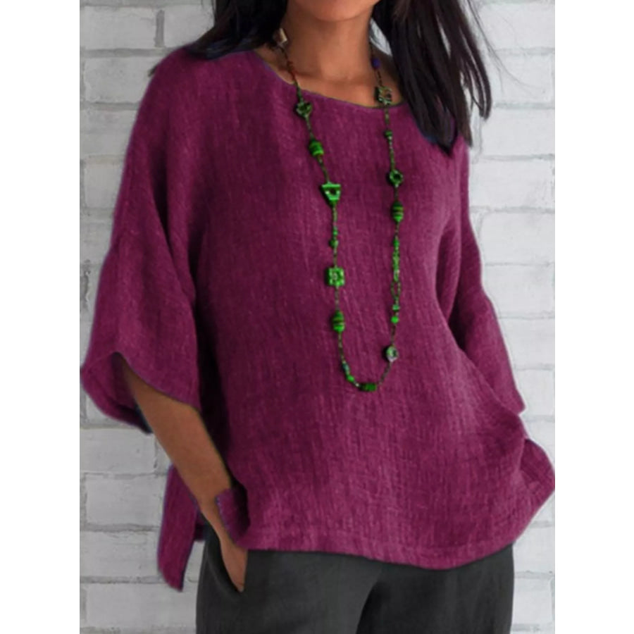 Full Size Loose Fit Linen Blend Blouse Plus Magenta / S Apparel and Accessories