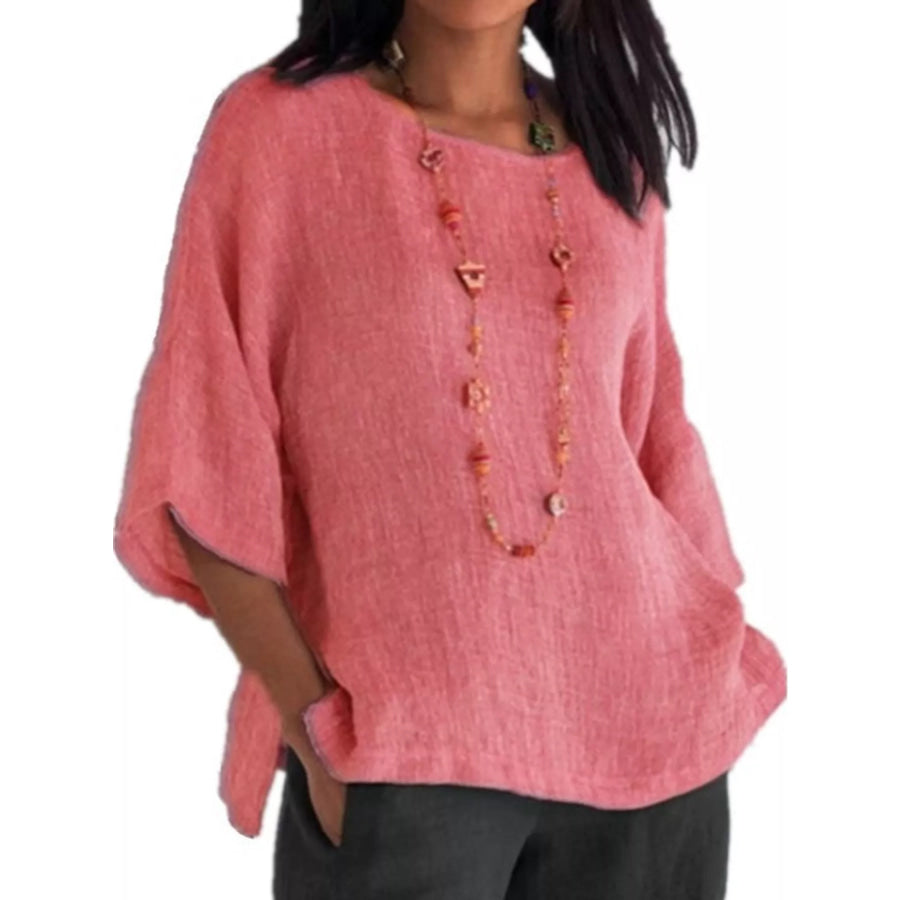 Full Size Loose Fit Linen Blend Blouse Plus Pink / S Apparel and Accessories