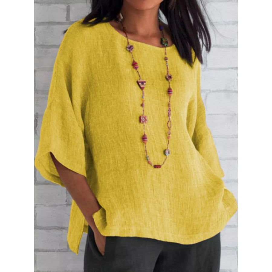Full Size Loose Fit Linen Blend Blouse Plus Yellow / S Apparel and Accessories