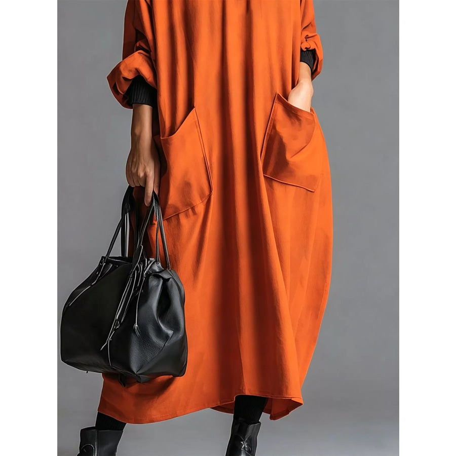 Full Size Loose-Fit Mock Neck Midi Dress with Pockets Plus Apparel and Accessories