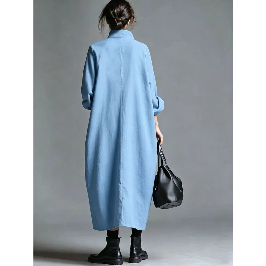 Full Size Loose-Fit Mock Neck Midi Dress with Pockets Plus Apparel and Accessories