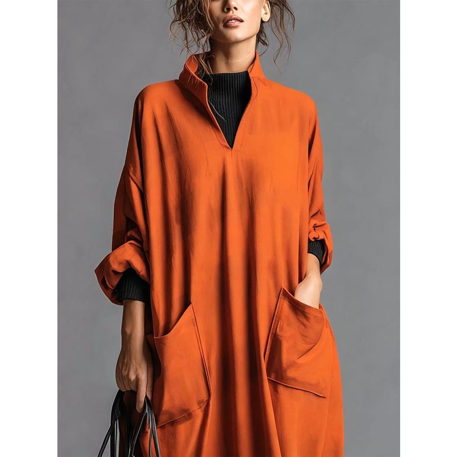 Full Size Loose-Fit Mock Neck Midi Dress with Pockets Plus Apparel and Accessories
