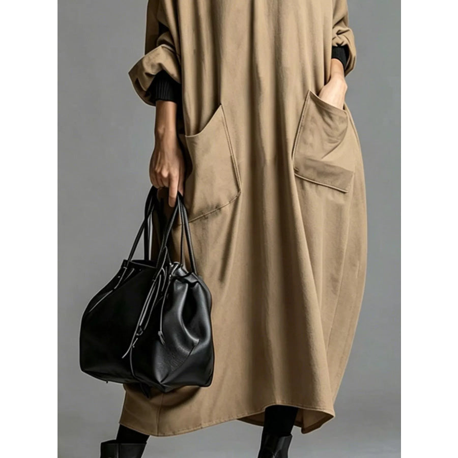Full Size Loose-Fit Mock Neck Midi Dress with Pockets Plus Apparel and Accessories