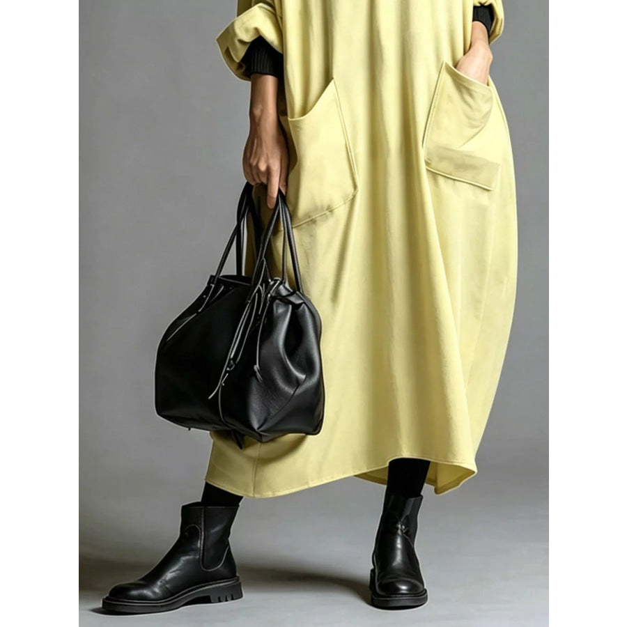 Full Size Loose-Fit Mock Neck Midi Dress with Pockets Plus Apparel and Accessories
