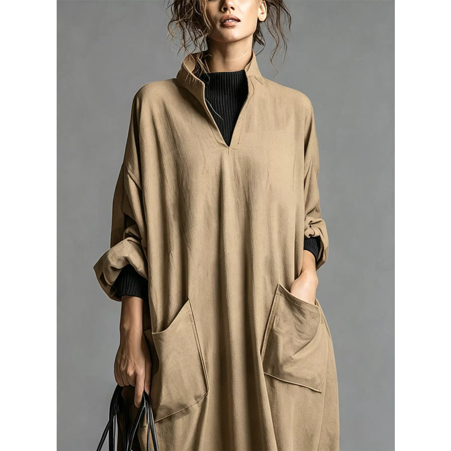 Full Size Loose-Fit Mock Neck Midi Dress with Pockets Plus Apparel and Accessories