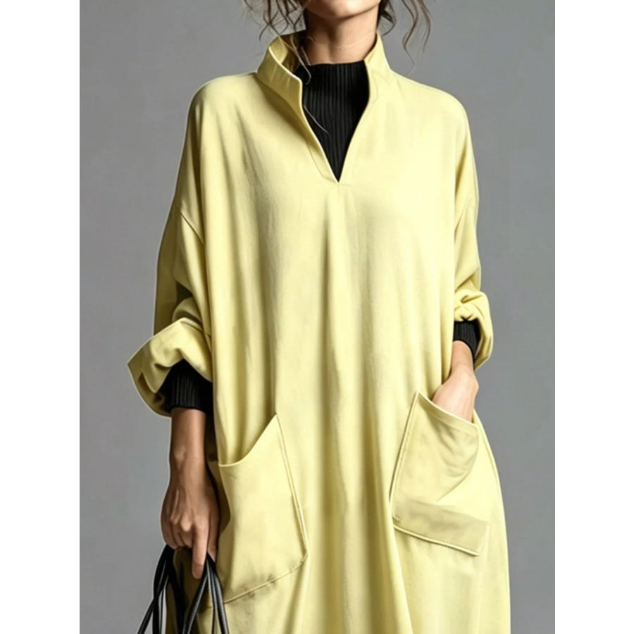 Full Size Loose-Fit Mock Neck Midi Dress with Pockets Plus Apparel and Accessories