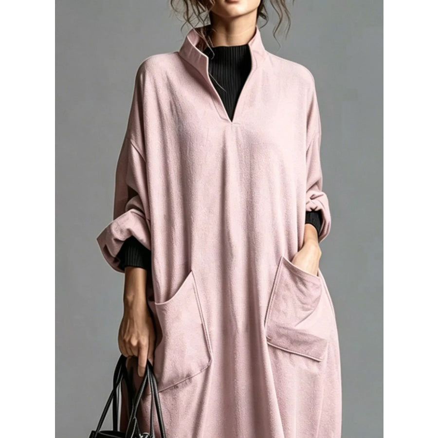 Full Size Loose-Fit Mock Neck Midi Dress with Pockets Plus Apparel and Accessories