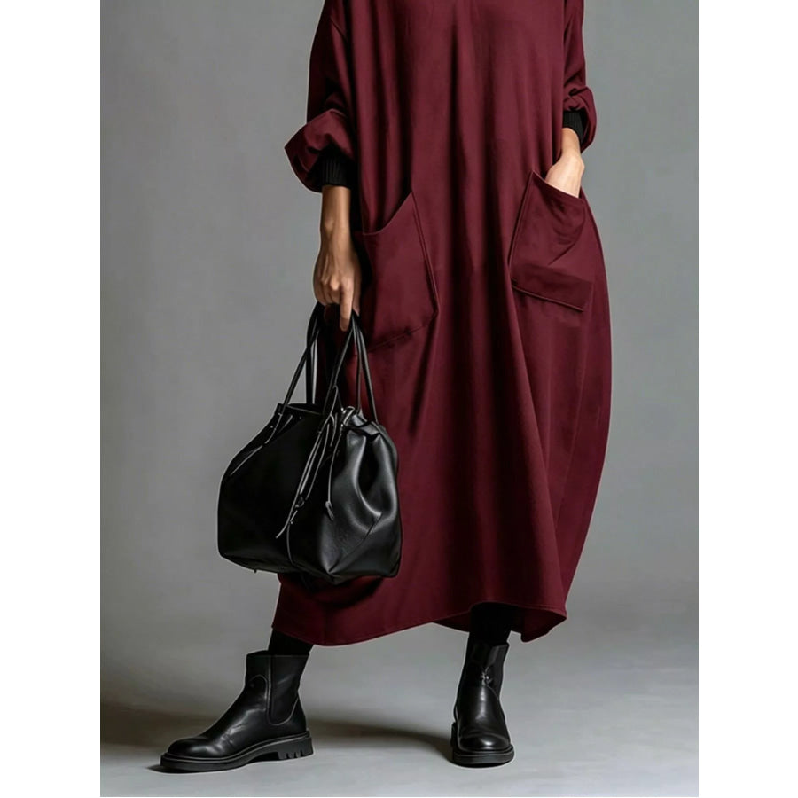 Full Size Loose-Fit Mock Neck Midi Dress with Pockets Plus Apparel and Accessories