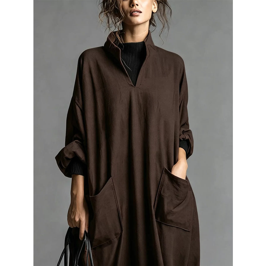 Full Size Loose-Fit Mock Neck Midi Dress with Pockets Plus Apparel and Accessories