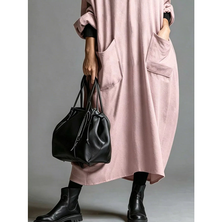 Full Size Loose-Fit Mock Neck Midi Dress with Pockets Plus Apparel and Accessories