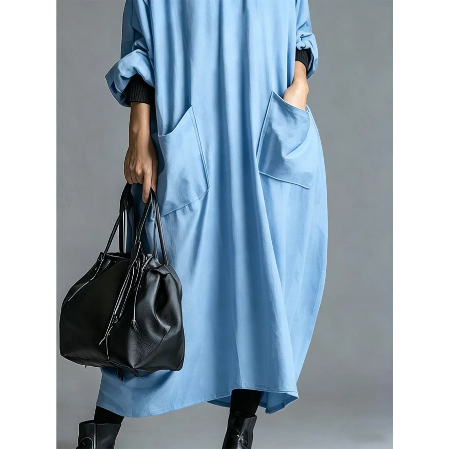 Full Size Loose-Fit Mock Neck Midi Dress with Pockets Plus Apparel and Accessories