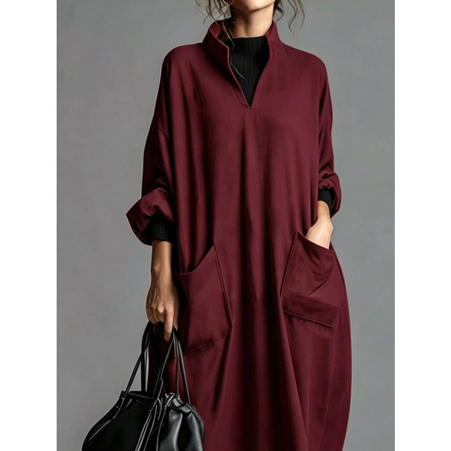 Full Size Loose-Fit Mock Neck Midi Dress with Pockets Plus Apparel and Accessories