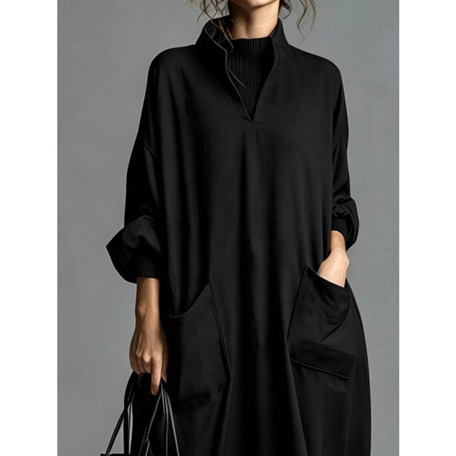 Full Size Loose-Fit Mock Neck Midi Dress with Pockets Plus Apparel and Accessories