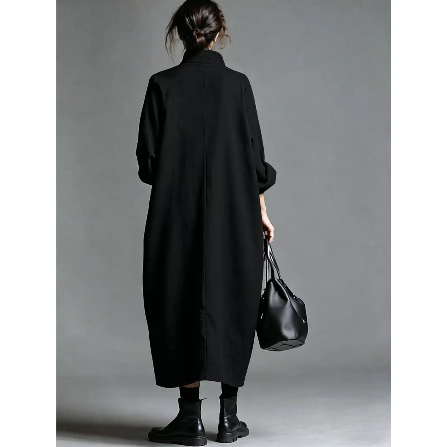 Full Size Loose-Fit Mock Neck Midi Dress with Pockets Plus Apparel and Accessories