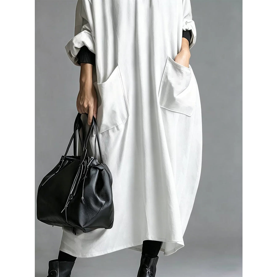 Full Size Loose-Fit Mock Neck Midi Dress with Pockets Plus Apparel and Accessories