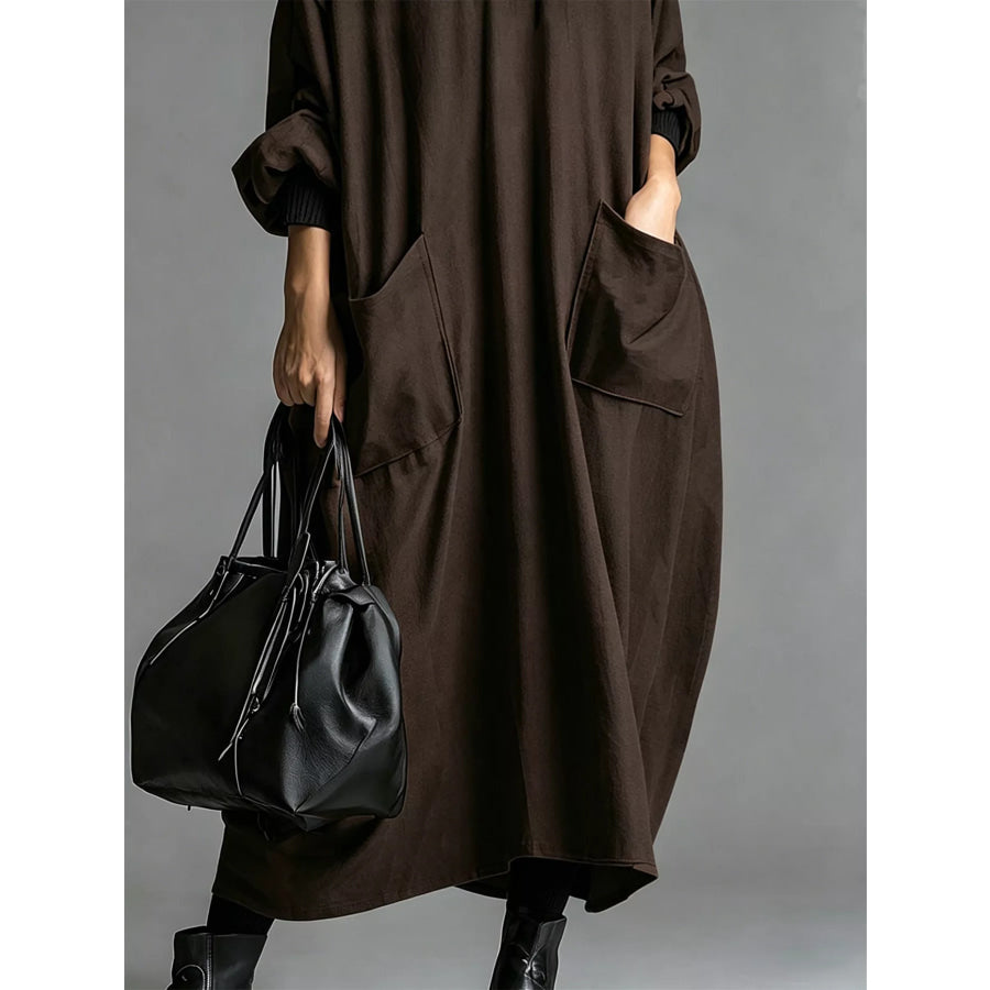 Full Size Loose-Fit Mock Neck Midi Dress with Pockets Plus Apparel and Accessories