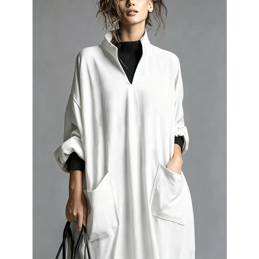 Full Size Loose-Fit Mock Neck Midi Dress with Pockets Plus Apparel and Accessories