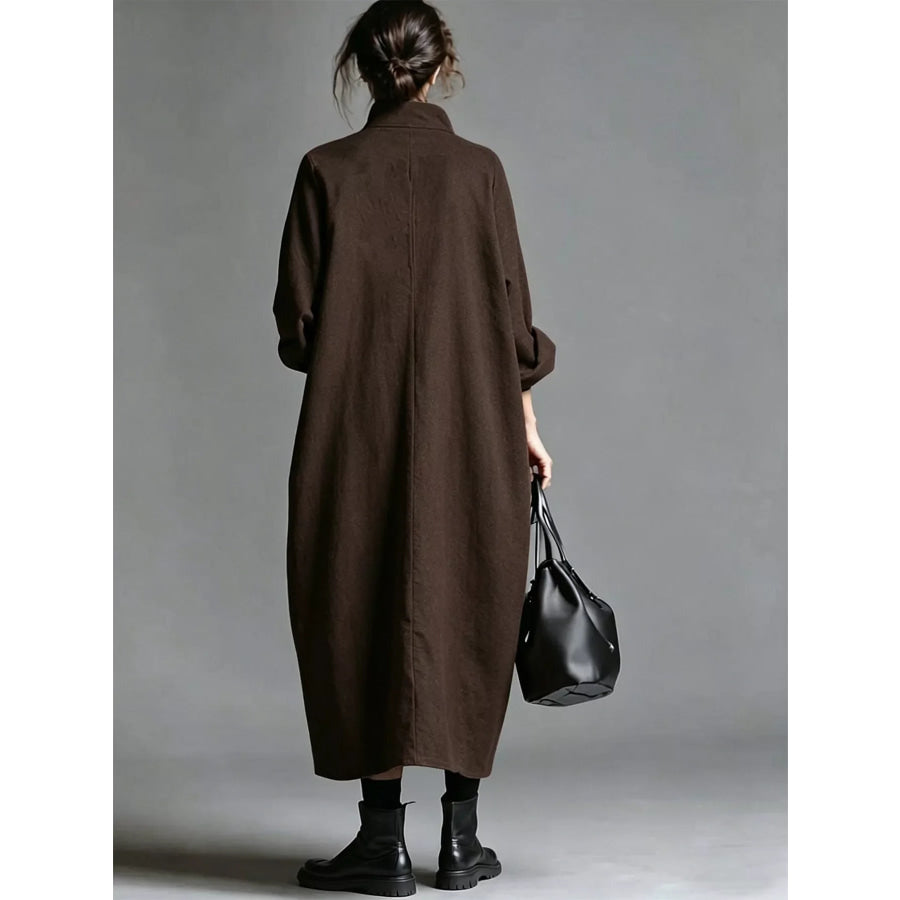 Full Size Loose-Fit Mock Neck Midi Dress with Pockets Plus Apparel and Accessories