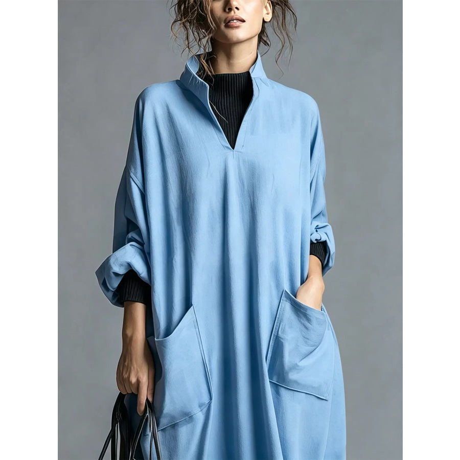 Full Size Loose-Fit Mock Neck Midi Dress with Pockets Plus Apparel and Accessories