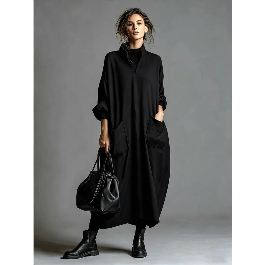 Full Size Loose-Fit Mock Neck Midi Dress with Pockets Plus Black / S Apparel and Accessories