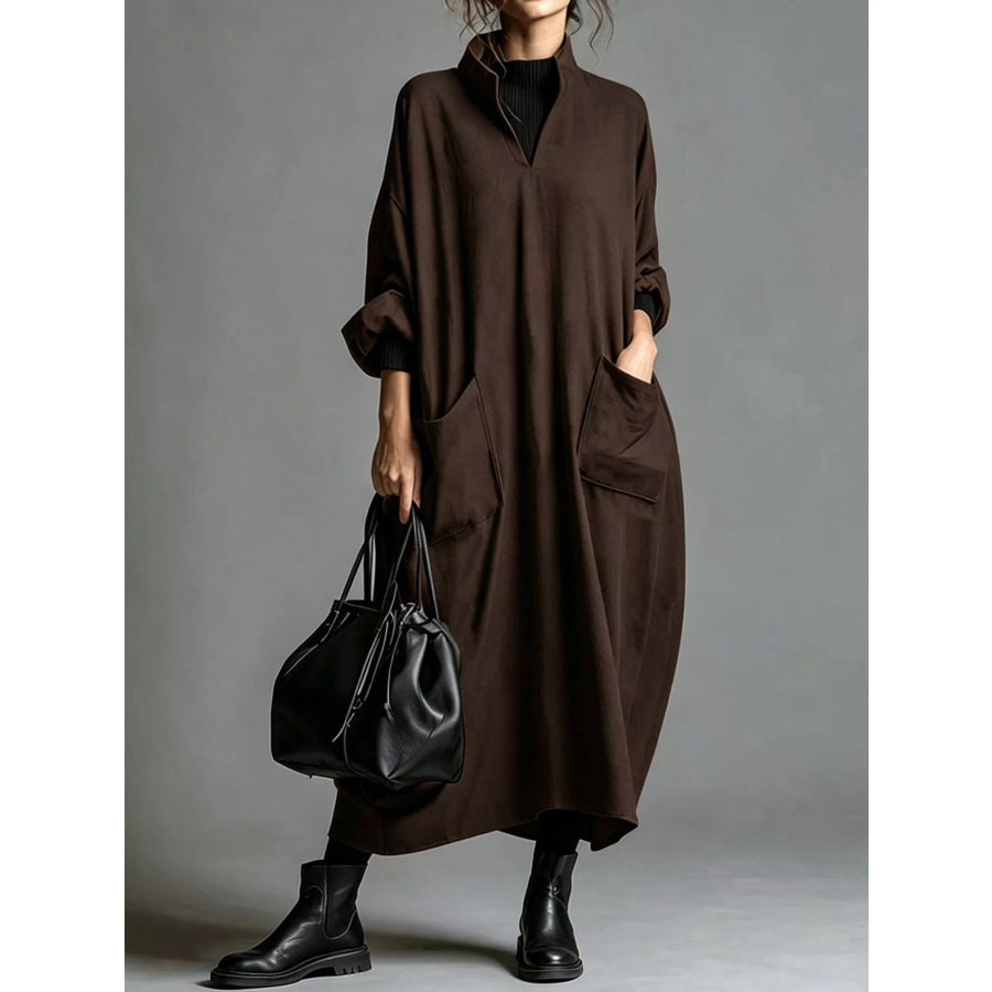 Full Size Loose-Fit Mock Neck Midi Dress with Pockets Plus Brown / S Apparel and Accessories