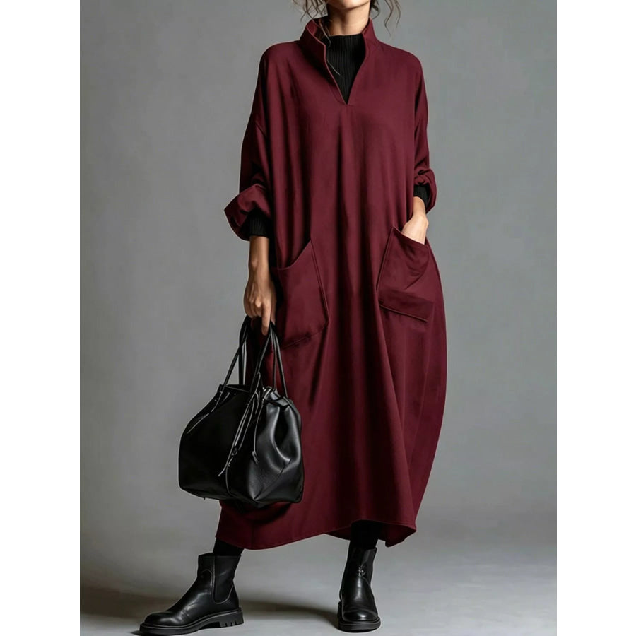 Full Size Loose-Fit Mock Neck Midi Dress with Pockets Plus Burgundy / S Apparel and Accessories