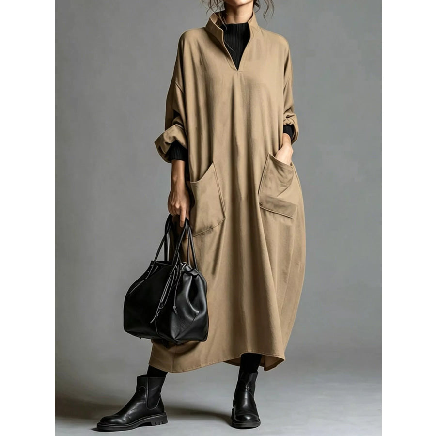 Full Size Loose-Fit Mock Neck Midi Dress with Pockets Plus Khaki / S Apparel and Accessories